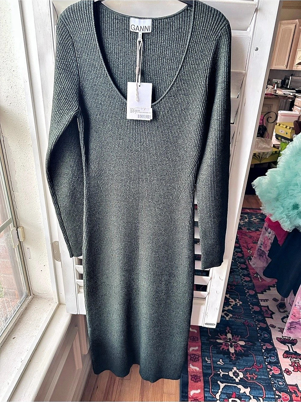 GANNI Ribbed Knit Midi Dress Green XL NWT